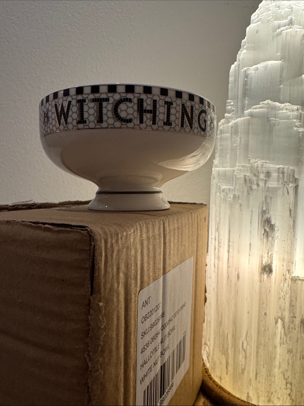 Anthropologie witching hour Ceramic Pedestal Bowl in Black, White & Gold w cat